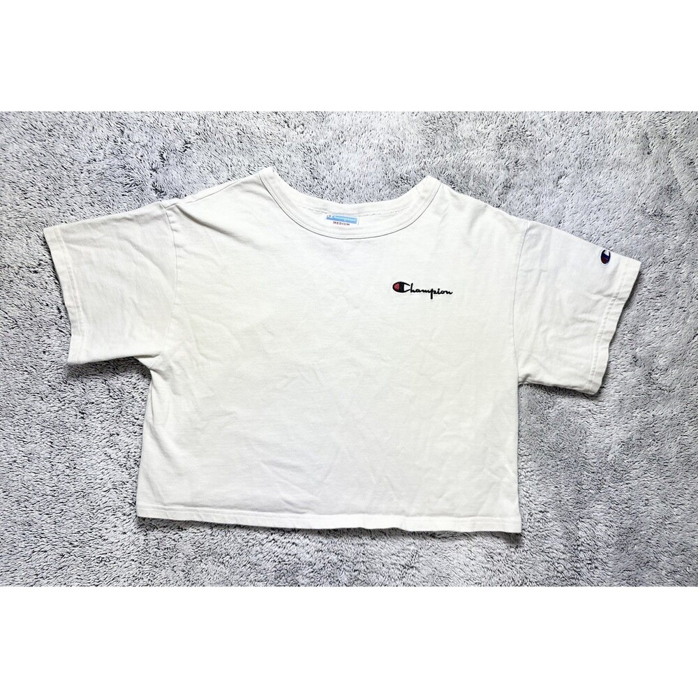 Y2K Vintage Champion Womens Heritage Cropped T-Shirt Cream Off-White Logo Medium